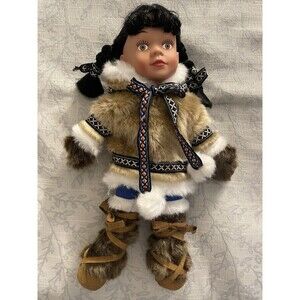 Eskimo Doll  Brown Fur Girl With Black Braided Hair.
